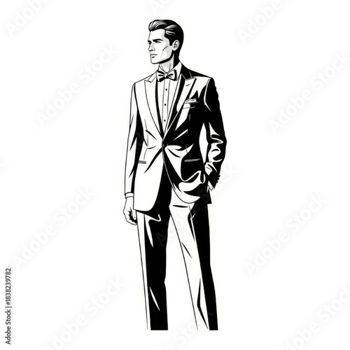 Man in Tuxedo Standing Full Body, Elegant and Sophisticated, White Background