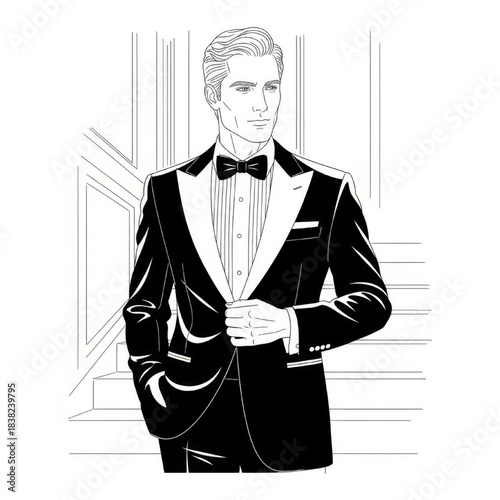 Man in Tuxedo Adjusting Jacket Lapel, Elegant Style, Formal Wear, Staircase Background