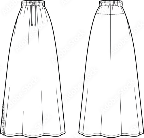 Long Flared Skirt Fashion Flat | Elastic Waist Drawstring Skirt Vector Template | Technical Sketch for Women’s Apparel Design | Front & Back Fashion Drawing