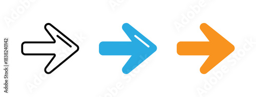 Set of three arrow icons in different colors and styles isolated on white