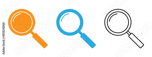 Three magnifying glasses in different colors and outline styles illustration