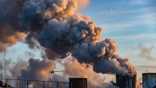 Industrial Chimney Emitting Thick Smoke During Sunset with Dynamic Sky