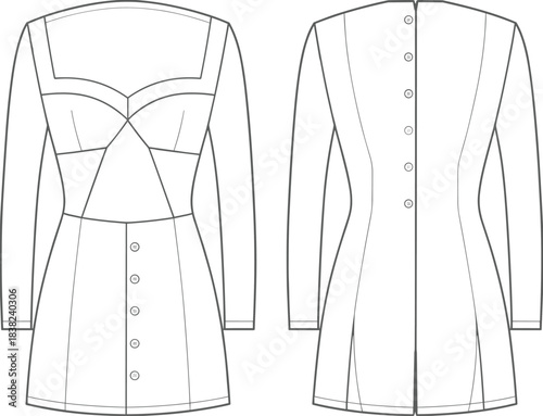 Long Sleeve Button-Up Mini Dress Flat Sketch, Front and Back View, Fashion Design Template, Technical Drawing, Apparel Vector