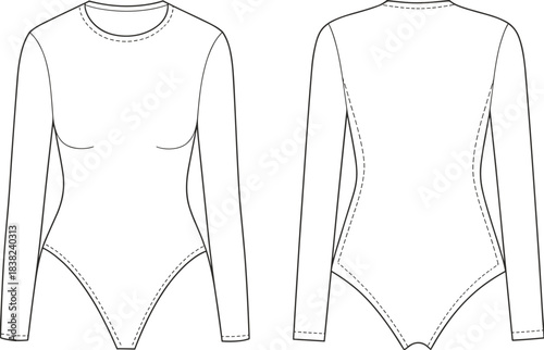 Long Sleeve Bodysuit Flat Sketch, Front and Back View, Fashion Template, Technical Drawing, Apparel Design, Vector for Designers