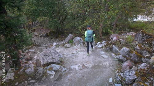 Woman hiker walking downhill on a rocky path. Mountain trail in a forest, Manaslu trek, Nepal. High-angle shot.