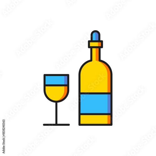 Color Wine bottle with glass icon isolated on white background. Flat filled outline style with shadow. Vector