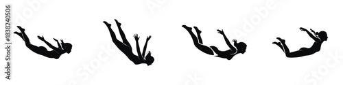 Black Skydiving Silhouette Set: Extreme Sport, Freefall, and Parachute Jumper Vector Figures