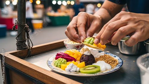 Close-up of a vendor's hands preparing a colorful Asian dessert. Street food stall making a fresh fruit snack at an outdoor night market