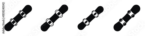 Black Snowboard Vector Icon Set with Bindings: Winter Sport, Slope Equipment, and Extreme Leisure Symbol