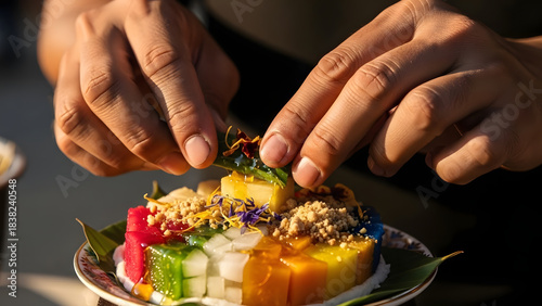 A chef's hands carefully garnishing a colorful Asian dessert. Close-up of preparing a traditional sweet jelly cake with edible flowers. Gourmet food styling concept