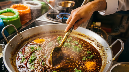 The chef prepares hot Asian sauce in a large wok. Professional chef prepares hot fragrant curry outside, street food