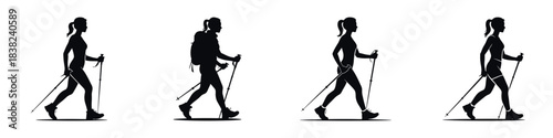 Black Trekking Poles Silhouette Set: Woman Hiking, Walking, and Nordic Walking Female Athlete Vector Icons