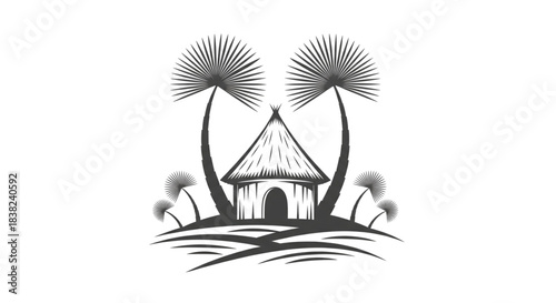 Rustic African Hut Village Scene Palm Trees Tropical Travel Tourism Logo Design Element