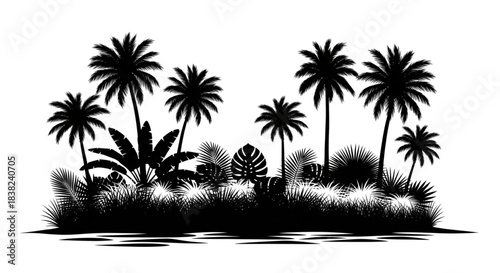 Tropical Island Silhouette Palm Trees Jungle Water Edge for Travel Vacation Design Elements