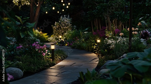 Pathway lighting along stone walkway in a lush garden with low profile LED lights softly illuminating plants and flower beds creating a tranquil and elegant garden scene at dusk