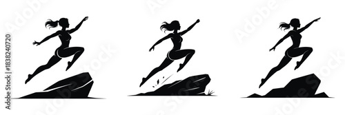 Black Silhouette of Woman Leaping Over Rock: Female Athlete Running, Jumping, and Action Vector Graphic