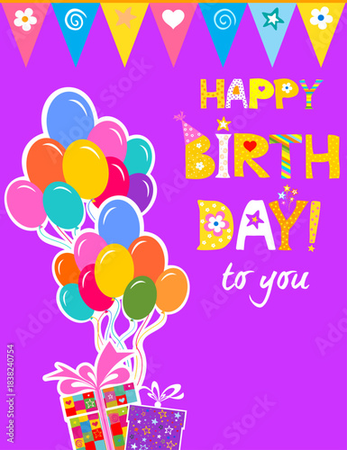 Happy Birthday! Greeting card. Celebration background with gift boxes, Balloons and place for your text. Vector Illustration