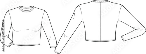 Long Sleeve Crop Top Fashion Template, Crew Neck Vector Sketch, Technical Drawing, Women’s Apparel Flat, Minimalist Shirt Design