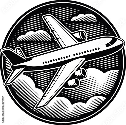 A captivating black and white vintagestyle woodcut illustration depicts a passenger 