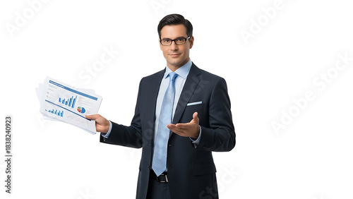 A businessman in a suit confidently presents financial data documents. He is wearing glasses and making a welcoming gesture. The image captures a professional and informative atmosphere.