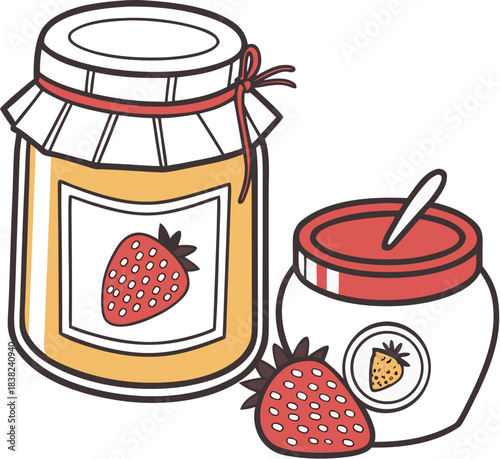 A delightful hand drawn illustration featuring a rustic jar of sweet strawberry jam with a decorative ribbon 