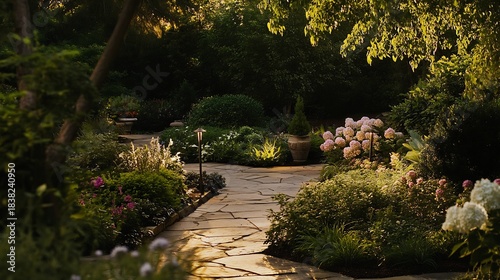 Pathway lighting along stone walkway in a lush garden with low profile LED lights softly illuminating plants and flower beds creating a tranquil and elegant garden scene at dusk