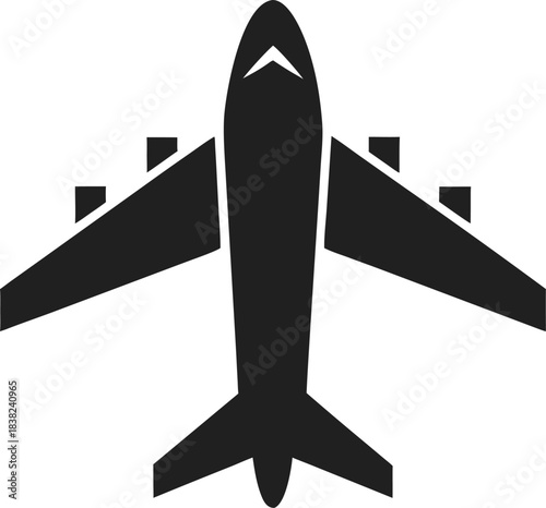 A minimalist black airplane icon viewed from directly above symbolizes global air transport international travel and aviation for business leisure or a vacation journey perfect 