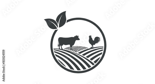 Farm Fresh Livestock Logo Icon Cow Rooster Fields Agriculture Organic Food Branding Design