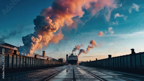 Large Cargo Ship Moving Through Industrial Port with Smoke Emissions and Bright Sky
