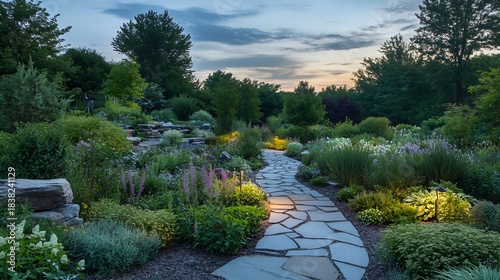 Pathway lighting along stone walkway in a lush garden with low profile LED lights softly illuminating plants and flower beds creating a tranquil and elegant garden scene at dusk