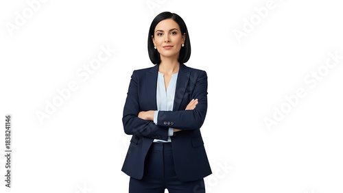 A Confident Businesswoman in a Suit with arms crossed. A poised woman in a navy suit, exuding professionalism and confidence, arms crossed, perfect for business or corporate contexts