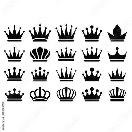 Royal Crowns Icon Set: 20 Black Silhouette Designs for King and Queen