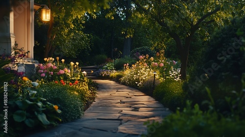 Pathway lighting along stone walkway in a lush garden with low profile LED lights softly illuminating plants and flower beds creating a tranquil and elegant garden scene at dusk