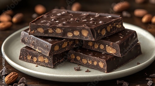 Pieces of Butterfinger bar scattered a smooth white plate highlighting the chocolate coated crispy peanut butter layers with soft shadows and crumbs for added texture