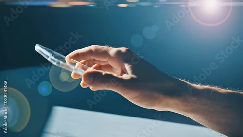 Hand Holding Transparent Smartphone Frame in Bright Sunlight with Lens Flare