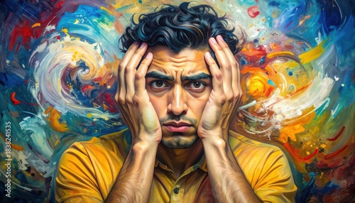 Distressed Man Grimacing Hands on Head Vibrant Abstract Background Emotional Portrait