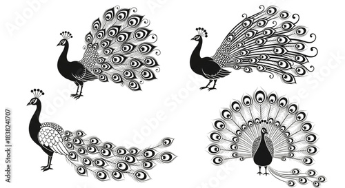 Elegant Black And White Peacock Illustrations Set For Luxury Design Wedding Invitations And Print