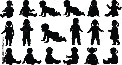 Baby and Toddler Silhouette Collection: Infants Sitting, Crawling, Standing, and Waving Poses, Perfect for Childcare and Developmental Design.