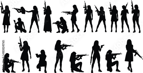 Female Action Silhouettes: Diverse Women Holding Assault Rifles, Pistols, and Sniper Rifles in Various Poses for Military, Security, and Gaming Design.