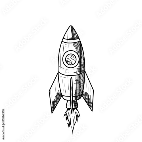 hand drawn retro space rocket line art vector illustration