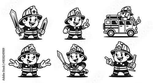 Cute Firefighter Character Set with Fire Truck.