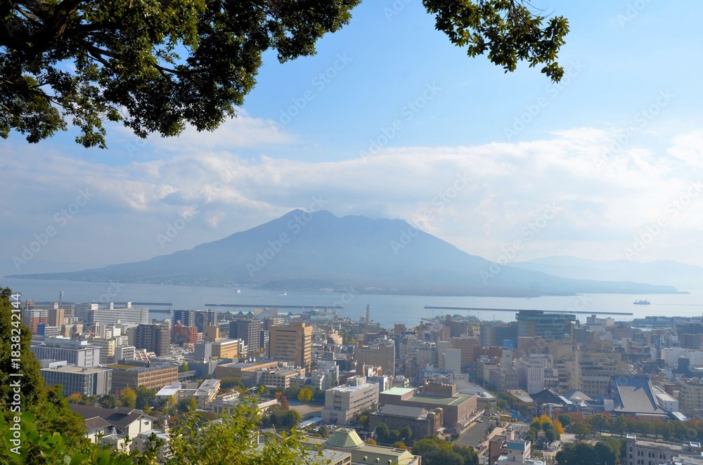 Obraz premium 鹿児島城 城山展望台から望む桜島
