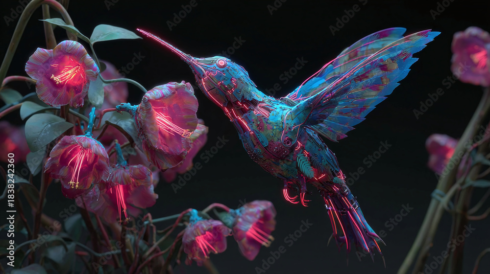 Naklejka premium A captivating hummingbird delicately sipping nectar from vibrant flowers, its iridescent feathers shimmering in the soft light. A perfect scene of nature