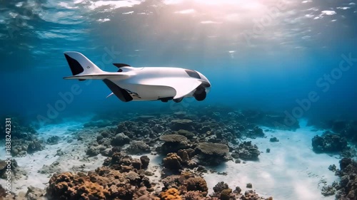Underwater Drone Exploring Coral Reef in Clear Ocean Water