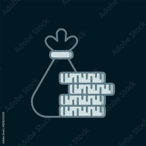 Line Money bag and coin icon isolated on black background. Dollar or USD symbol. Cash Banking currency sign. Flat filled outline style with shadow. Vector
