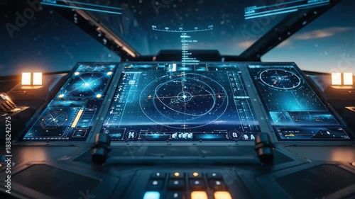 Futuristic Aircraft Cockpit Display with Digital Navigation Screens During Sunset