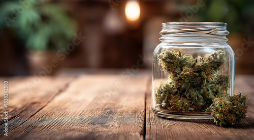 A close-up of a glass jar filled with cannabis on a rustic wooden table, showcasing the natural beauty and texture of the plant.