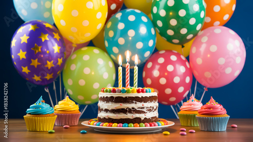 A vibrant birthday celebration scene with a multi-layered cake and cupcakes arranged on a wooden table