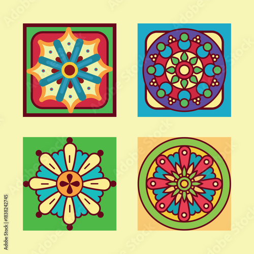 Seamless floral pattern set with abstract geometric shapes and colorful floral ornament decoration