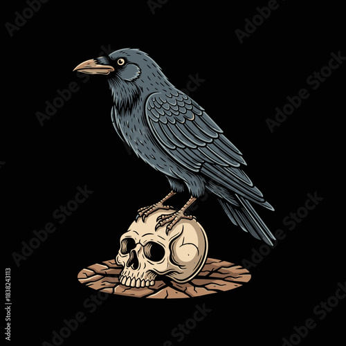 A detailed illustration of a crow perched on a human skull.